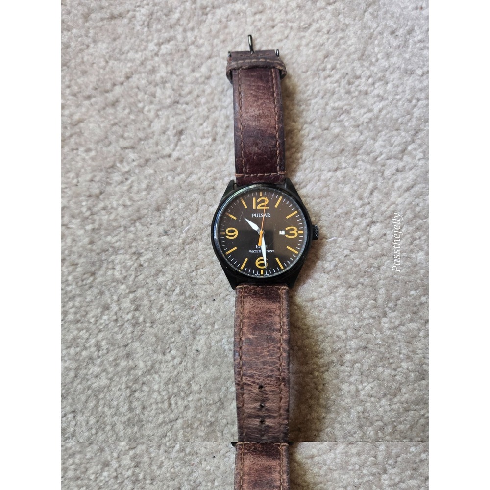 Pulsar Watch Mens Black Dial Orange Accent Date Quartz Field Watch Brown Leather